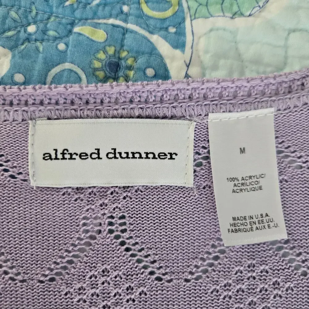 Alfred Dunner Women's Lavender Crocheted Knit Open Front Sweater Cardigan Medium